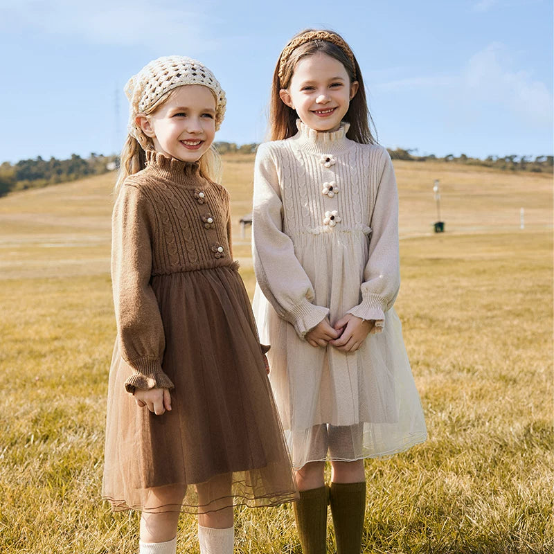 Girls Princess Tulle Sweater Dress - Midi Knit Gown with Mesh Skirt