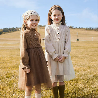 Girls Princess Tulle Sweater Dress - Midi Knit Gown with Mesh Skirt