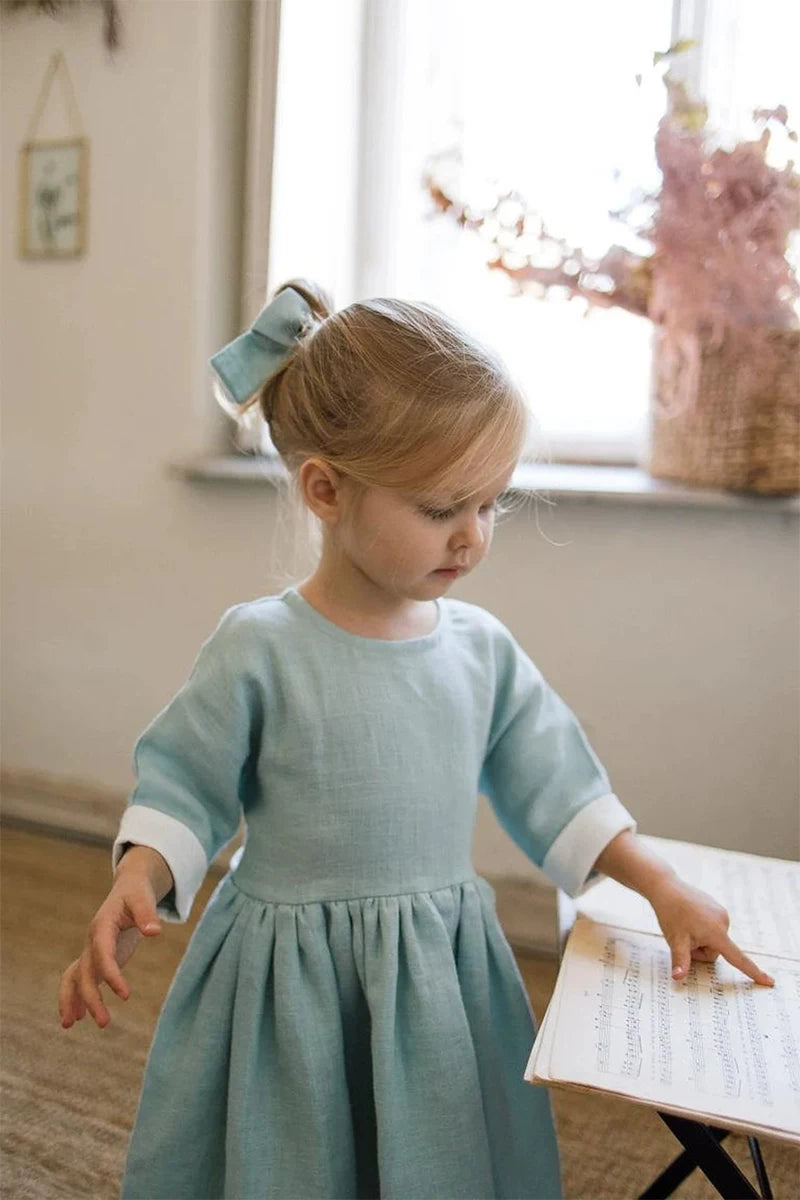 Girls Linen Midi Dress - Ins-Style Retro Three-Quarter Sleeve