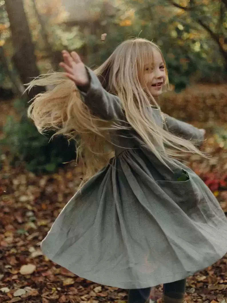 Couture Linen Girls Dress - Long-Sleeve Everyday Autumn Dress
