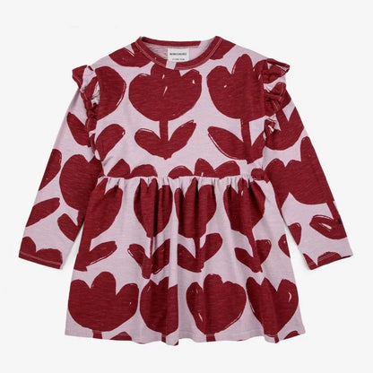 Girls Nordic Linen Dress - Floral Ruffle Long-Sleeve