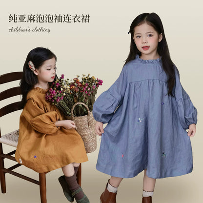 Pure Linen Lace-Collar Dress - Embroidered Long-Sleeve Autumn