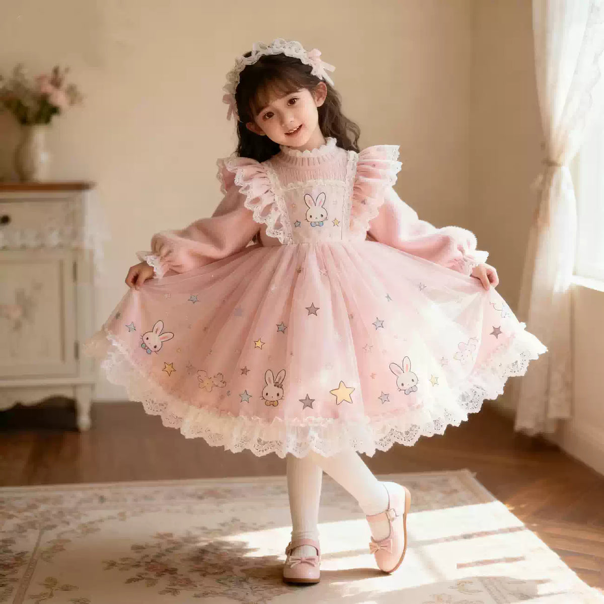 Girls Pink Bunny Fleece-Lined Lolita Dress - Puffy Birthday Princess Gown