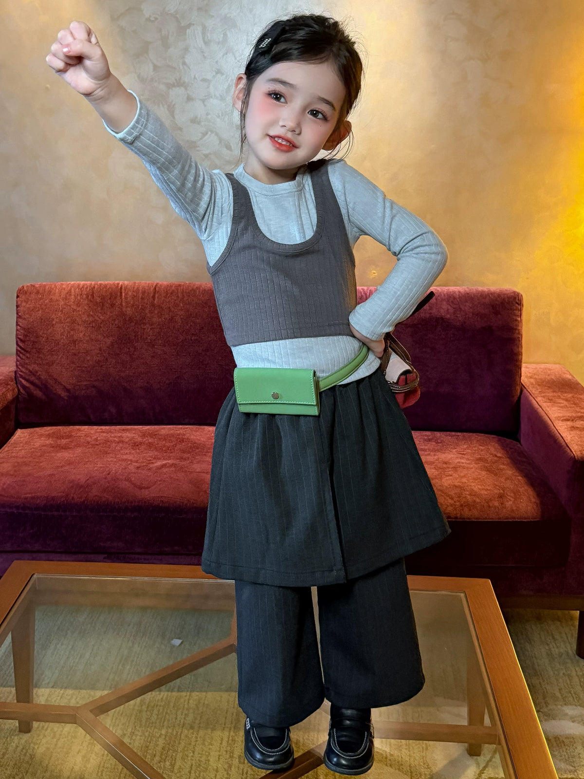 Girls Layered Tee & Skirt-Panel Trousers Set - Smart Autumn