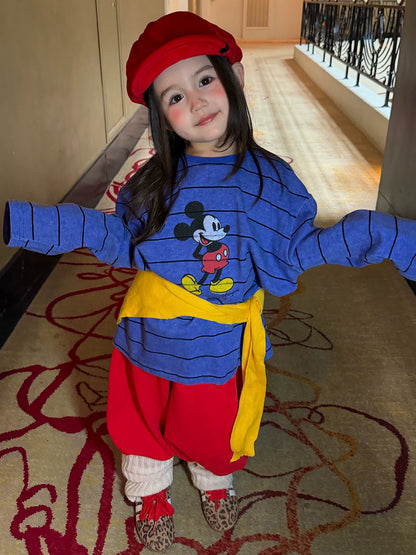 Girls Cartoon Striped Tee & Pants Set - Relaxed Korean Autumn Two-Piece