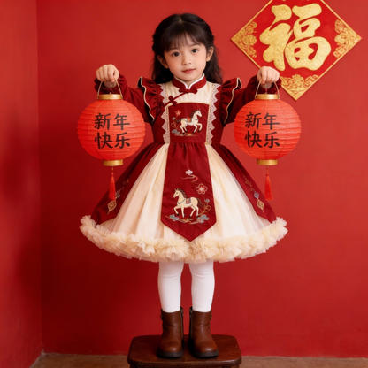 Girls Horse-Embroidered Fleece-Lined New-Year Dress - Tang-Style Festive Princess Gown