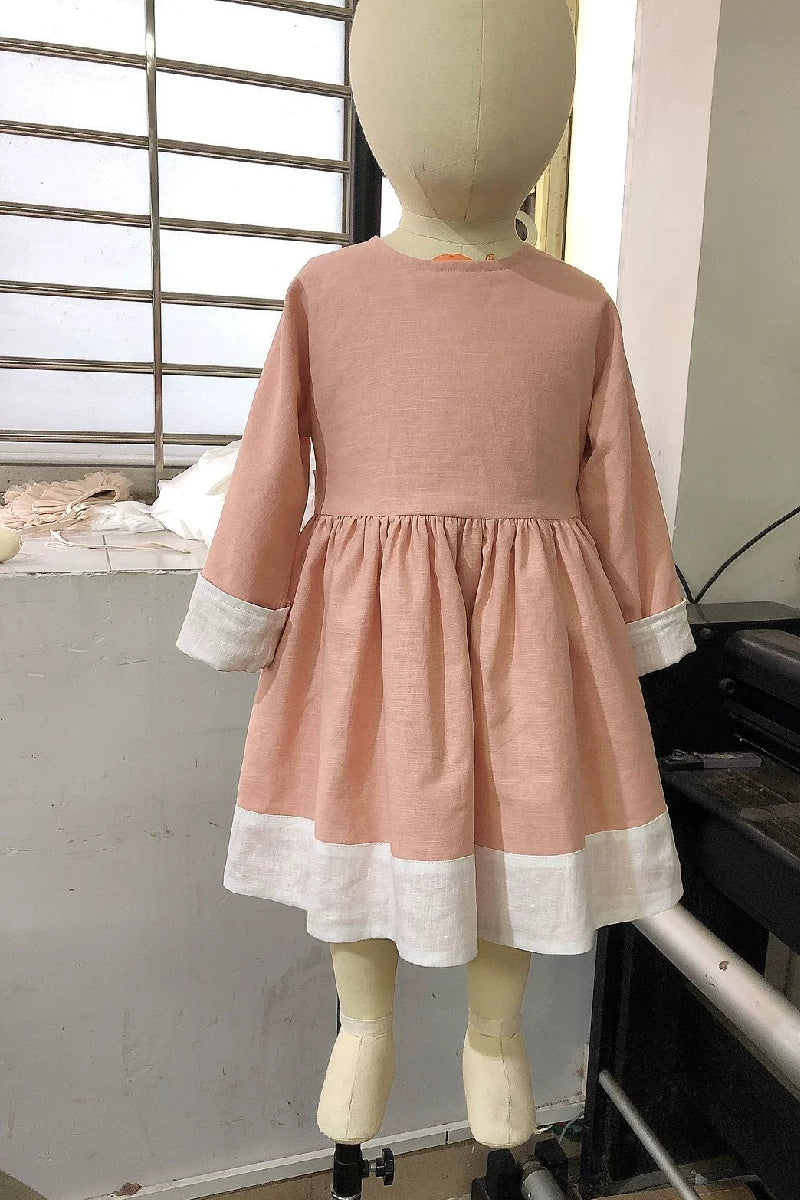 Girls Linen Midi Dress - Ins-Style Retro Three-Quarter Sleeve