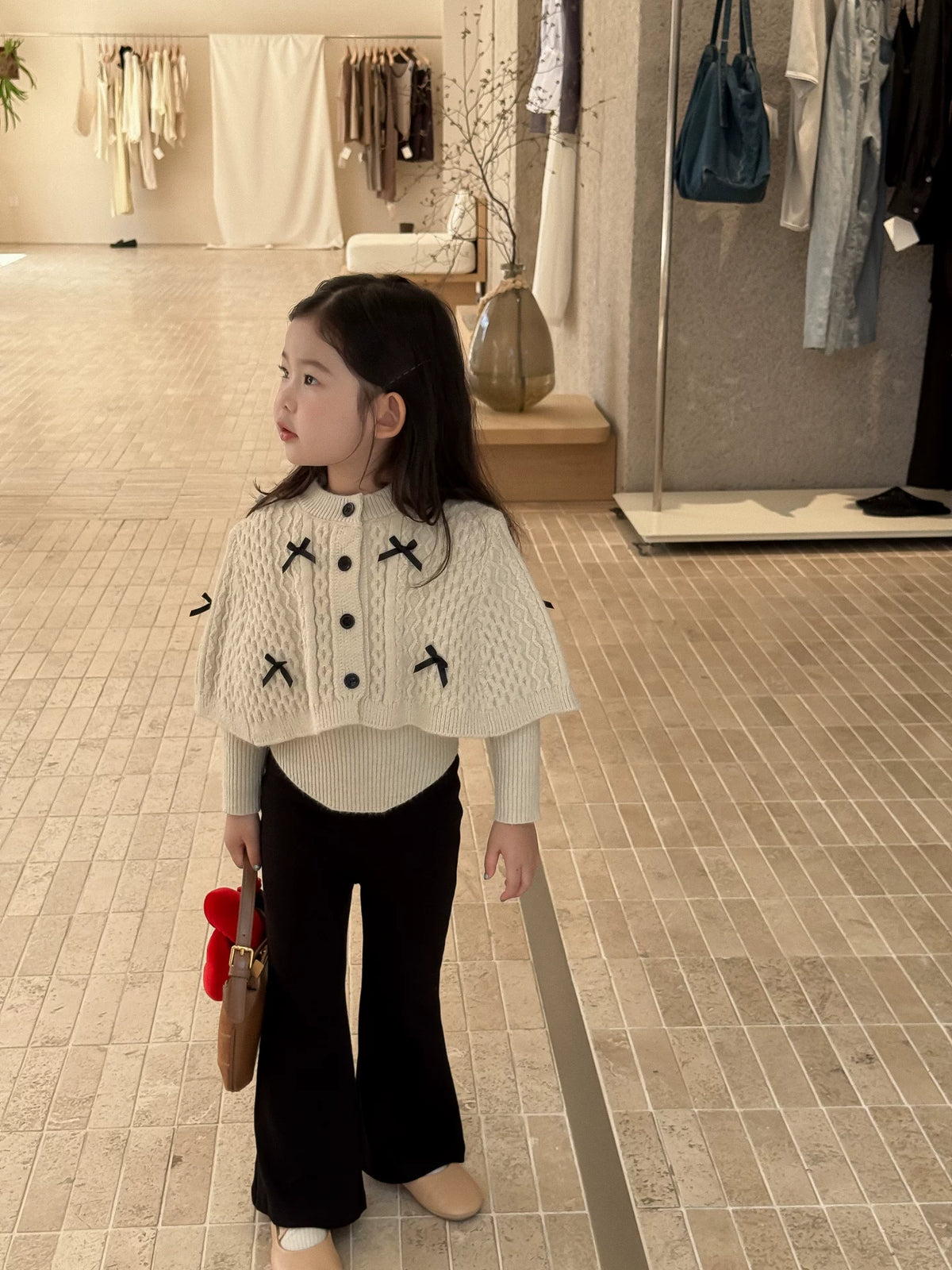 Girls Cape Sweater & Flare Pants Set - Bow-Detail Autumn Two-Piece