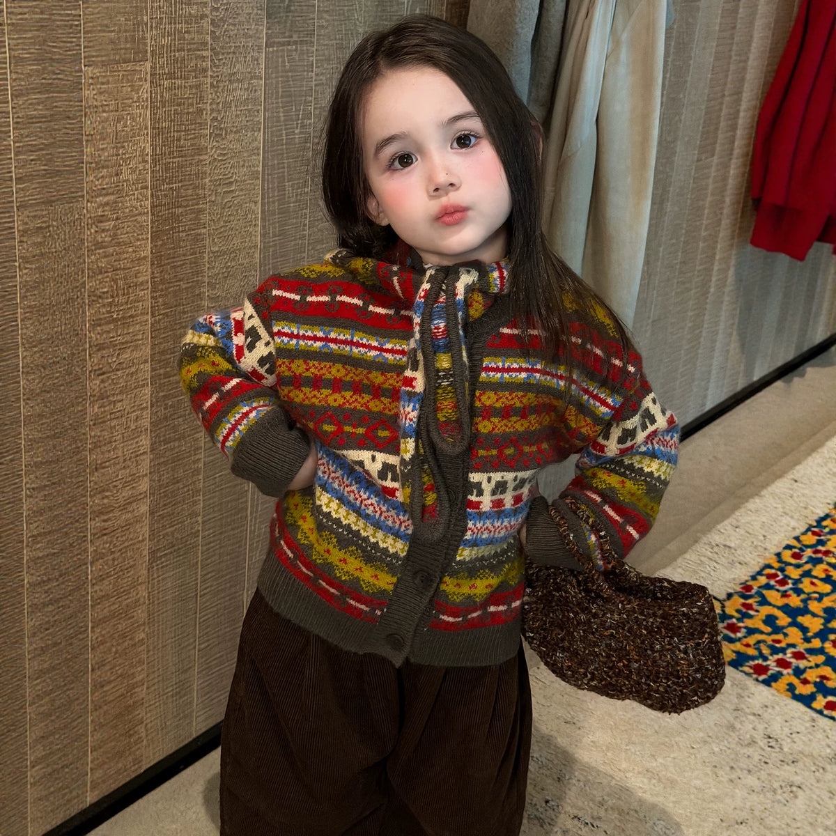 Girls Fair Isle Knit Cardigan & Corduroy Pants Set - Retro Autumn