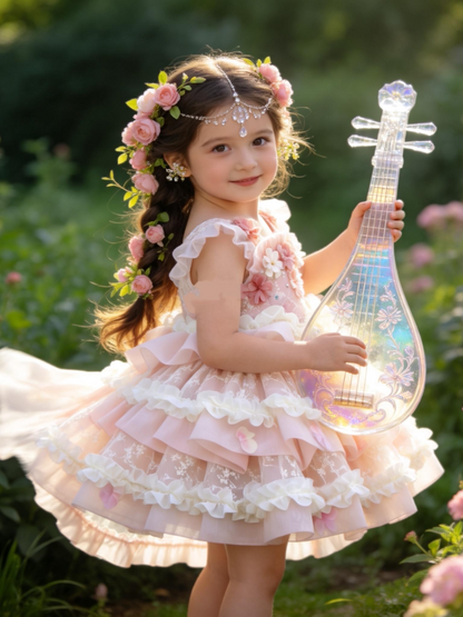 Girls Flower-Fairy Lolita Dress - Pink Puffy Birthday Gown with Train Option