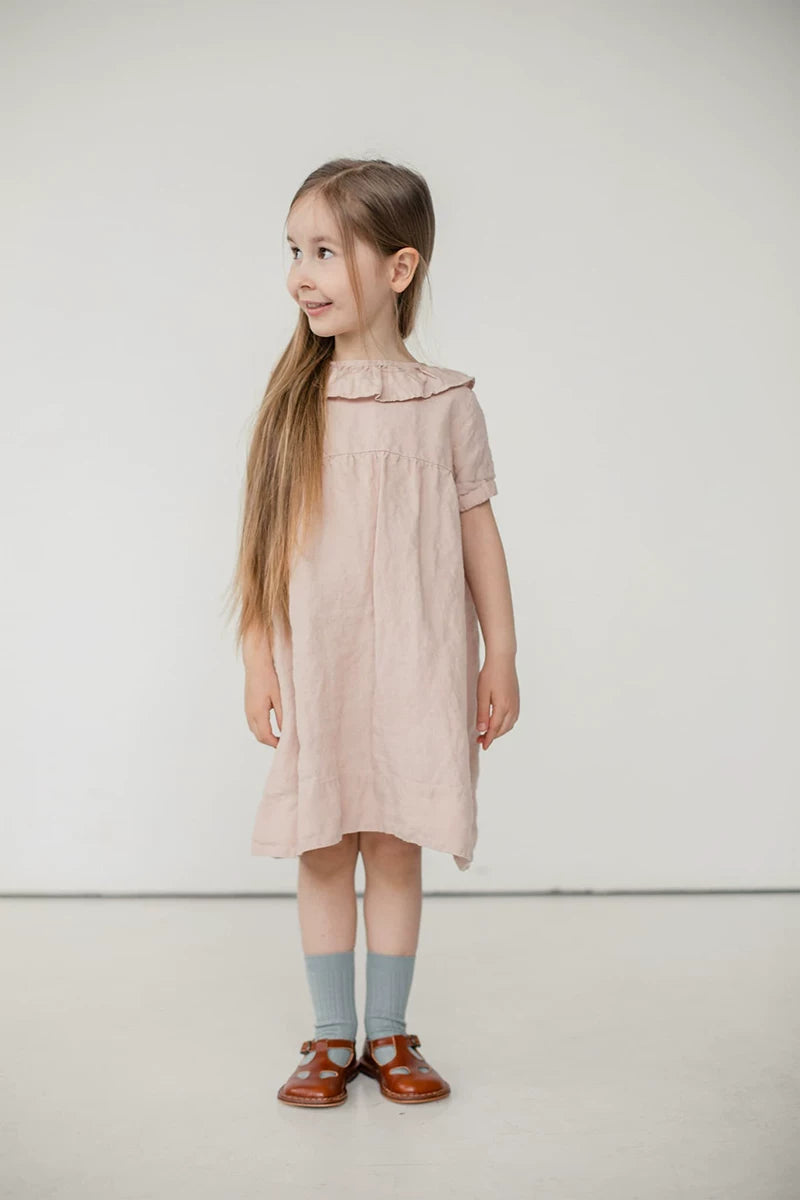 Girls Nordic Linen Dress with Ruffle Collar - Alice Embroidery Short Sleeve