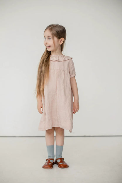 Girls Nordic Linen Dress with Ruffle Collar - Alice Embroidery Short Sleeve