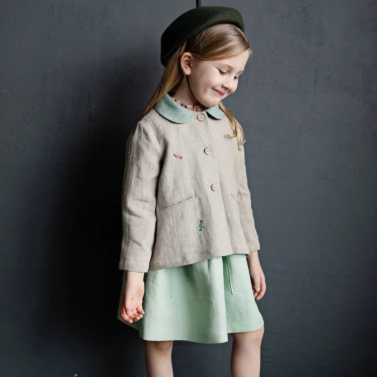 Girls Nordic Linen Shirt - Grey Embroidered Long-Sleeve