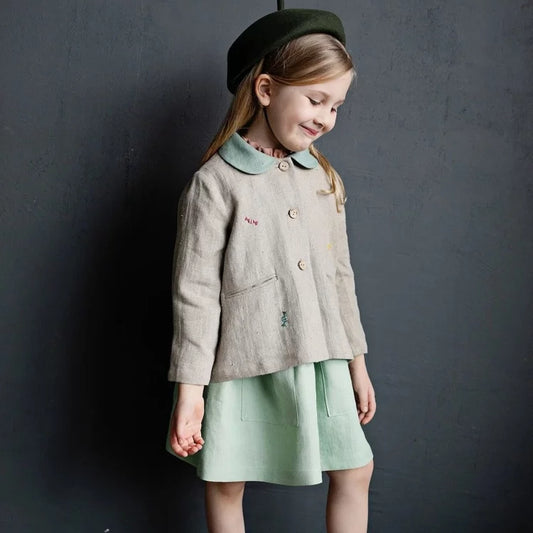 Girls Nordic Linen Shirt - Grey Embroidered Long-Sleeve