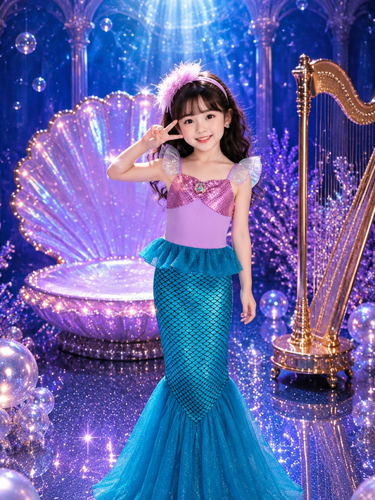 Girls Mermaid Princess Dress - Cosplay Fin Skirt for Stage and Holidays