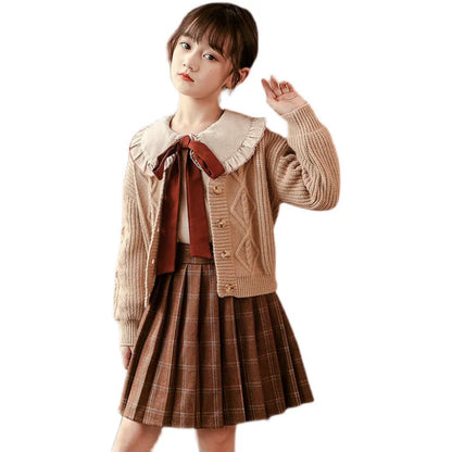 Girls Sweater & Pleated-Skirt Set - Preppy Three-Piece with Separates
