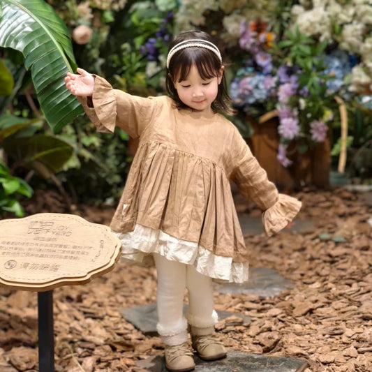 Girls Belgium Linen Long Dress - Khaki Relaxed Fit