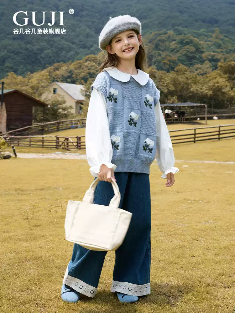 Girls Faux Two-Piece Collar Sweater - Vest & Shirt Knit Top