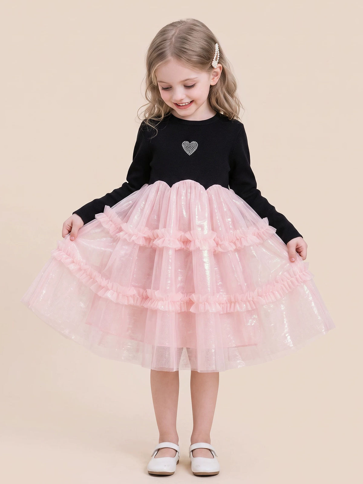 Girls Black Mesh-Panel Long-Sleeve Dress - Tiered Princess Dress