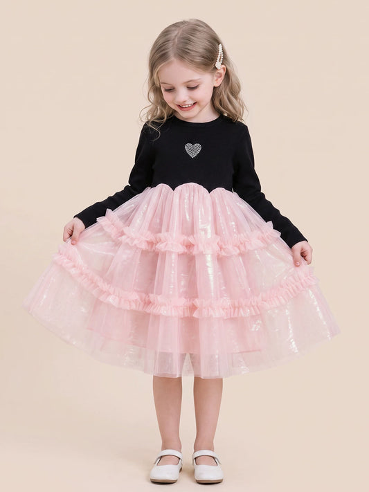 Girls Black Mesh-Panel Long-Sleeve Dress - Tiered Princess Dress