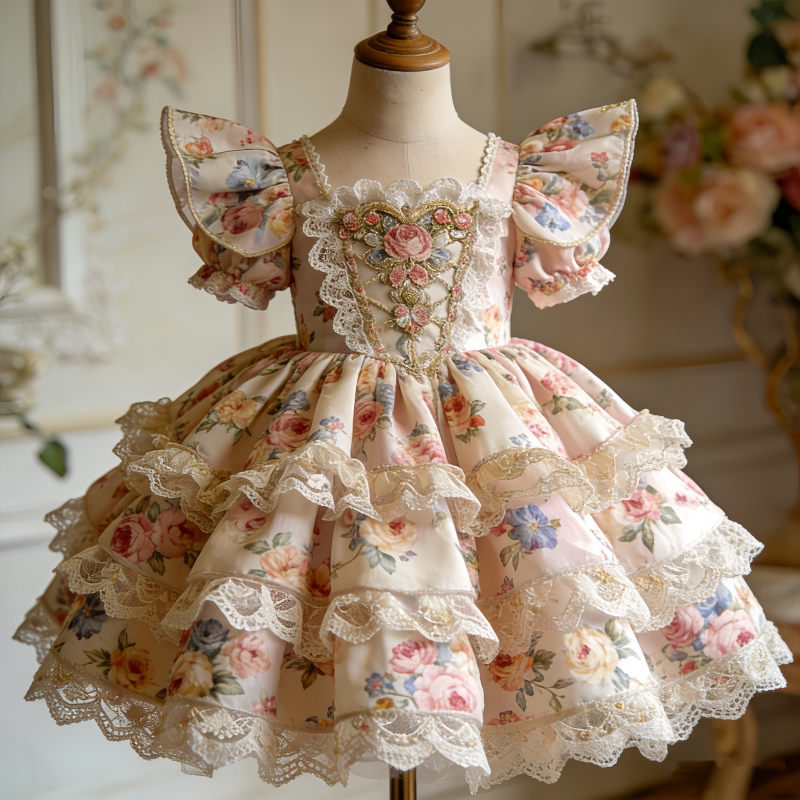 Girls Floral Lolita Birthday Dress - Puffy Cake Princess Gown with Hair Accessory Option