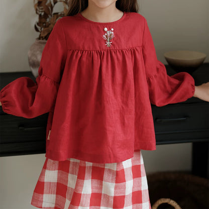 Alice Linen Embroidered Shirt - Girls Long-Sleeve Blouse