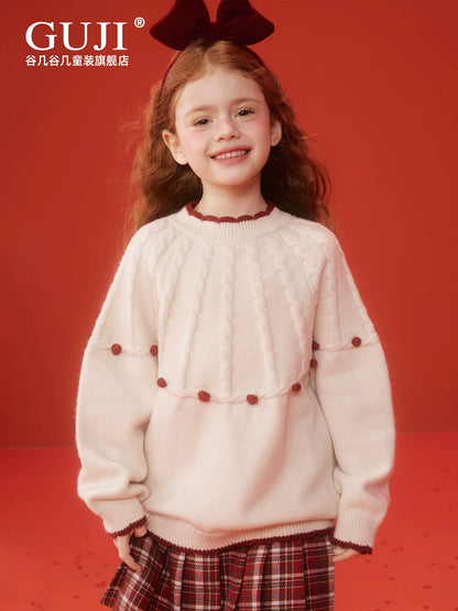 Girls New Year Red Sweater - Thick Festive Knit Pullover