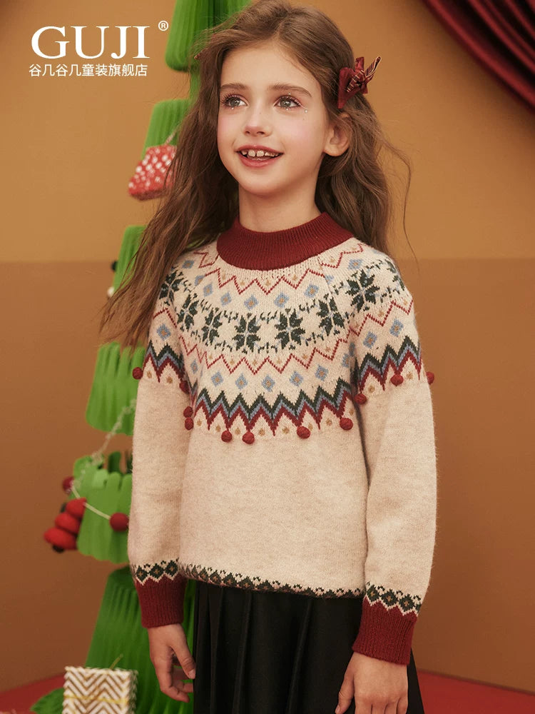Girls Christmas Knit Sweater - Pom-Pom Festive Holiday Top