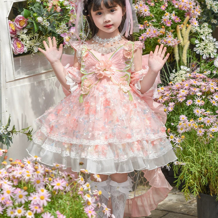 Girls Flower-Fairy Lolita Dress - Pink Gown with Train Option