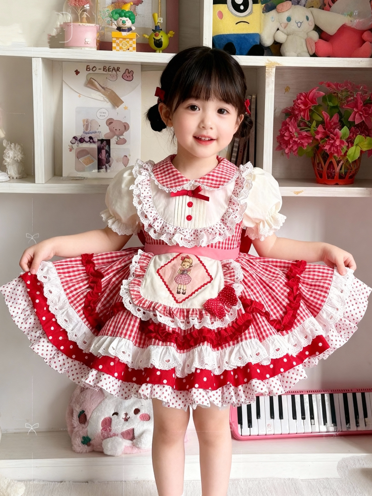 Girls Red-Plaid Lolita Dress - Summer Puffy Princess Dress with Hair Accessory Option