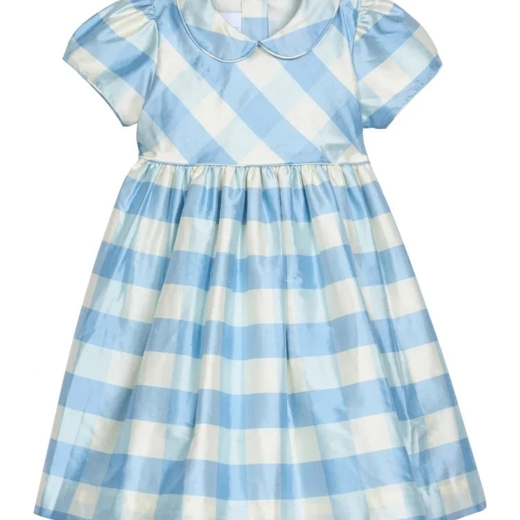 Girls Nordic Linen Dress - Blue-White Check Autumn