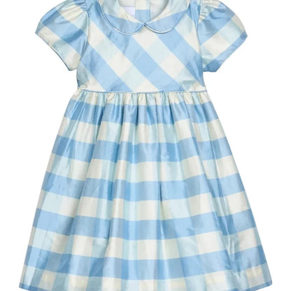 Girls Nordic Linen Dress - Blue-White Check Autumn