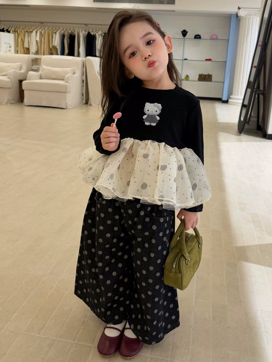 Girls Mesh-Panel Kitty Top & Polka Dot Pants Set - Sweet Autumn Two-Piece