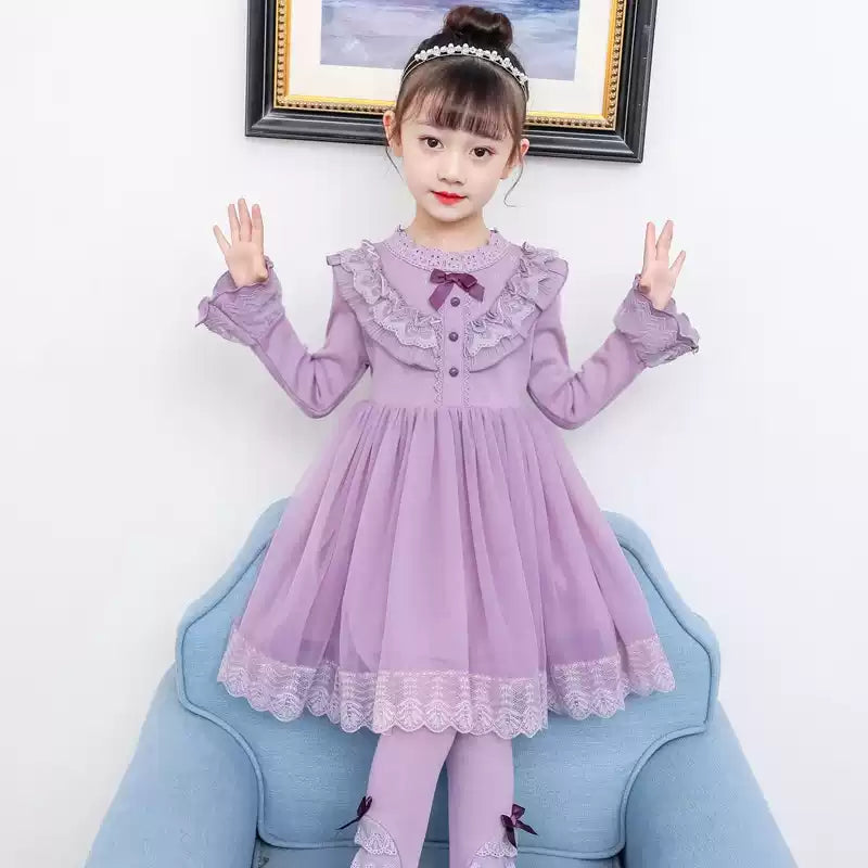 Girls Fleece-Lined Tulle Princess Dress - Three-Button Long-Sleeve Gown with Legging Options