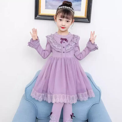 Girls Fleece-Lined Tulle Princess Dress - Three-Button Long-Sleeve Gown with Legging Options