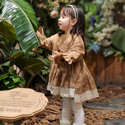 Girls Belgium Linen Long Dress - Khaki Relaxed Fit