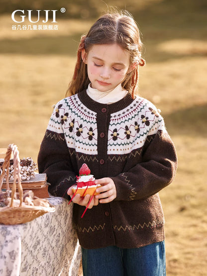 Girls Festive Red Knit Cardigan - Round Neck Holiday Sweater