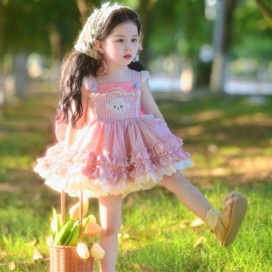 Girls Fresh-Style Lolita Princess Dress - Pink Plaid Puffy Birthday Gown