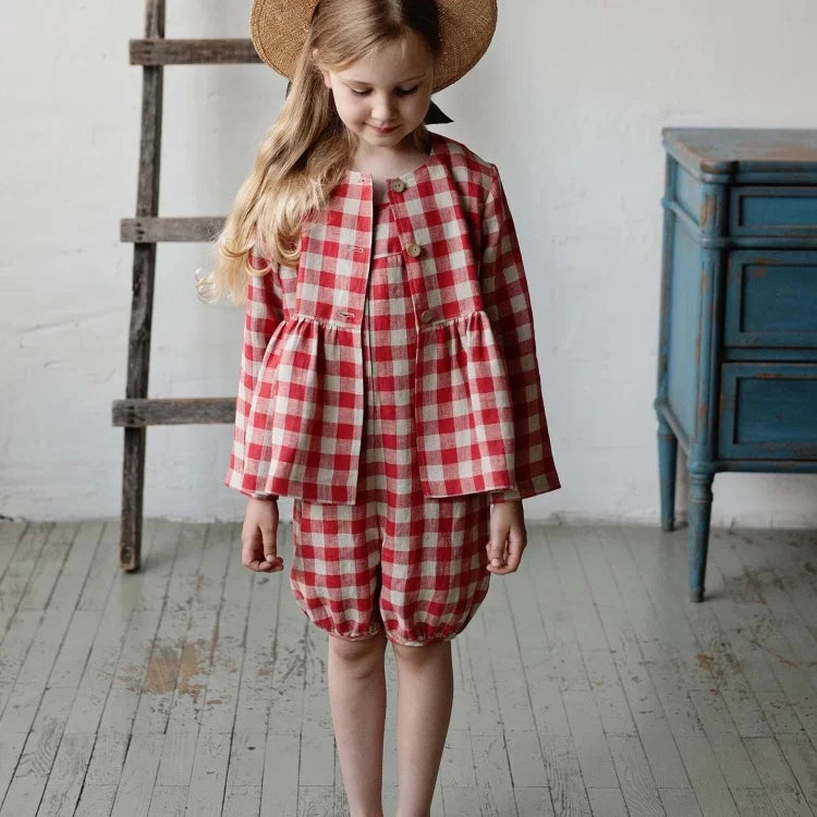 Girls Nordic Linen Dress - Pink Check Autumn