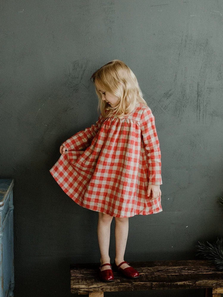 Girls Nordic Linen Pinafore Dress - Red Autumn Overall Dress