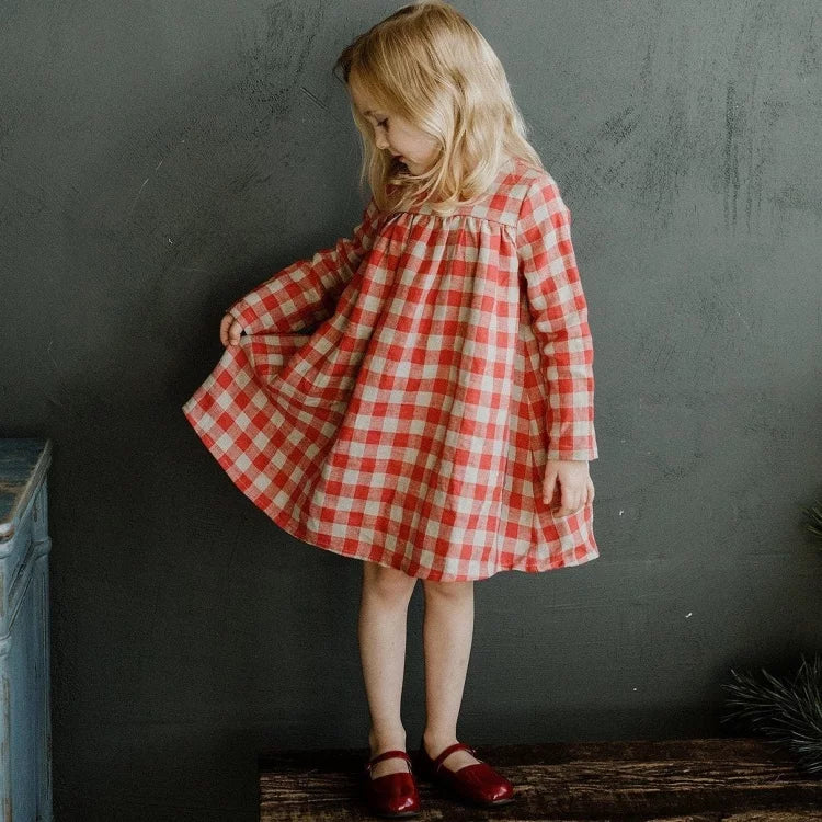 Girls Nordic Linen Pinafore Dress - Red Autumn Overall Dress