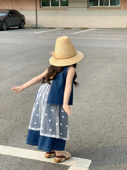 Girls Denim Vest & Wide-Leg Pants Set with Mesh Skirt - Summer Layering