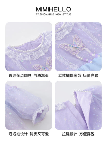 Girls Lolita Flower-Girl Dress - Tulle Princess Gown in Pink Purple
