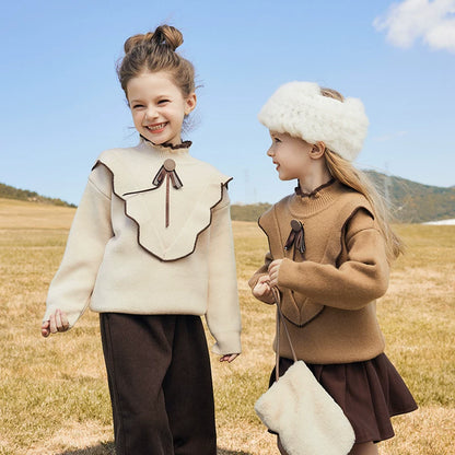 Girls Half-Turtleneck Fleece-Lined Sweater - Thick Preppy Knit Top