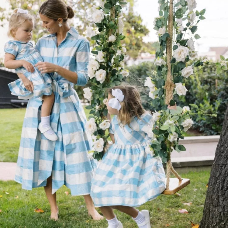 Girls Nordic Linen Dress - Blue-White Check Autumn