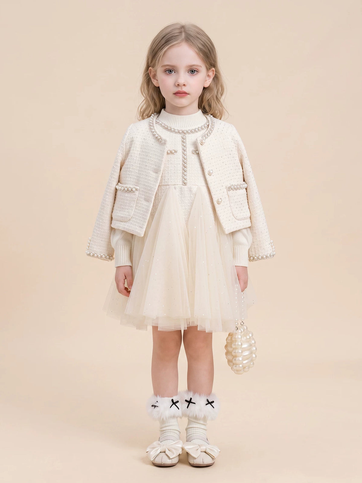 Girls Pearl-Trim Cardigan & Pinafore Set - Chanel-Style Separates