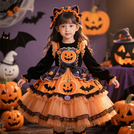 Girls Halloween Pumpkin Lolita Dress - Fleece-Lined Puffy Princess Gown