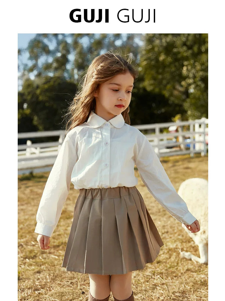 Girls White Cotton Stand-Collar Shirt - Classic School Base Layer