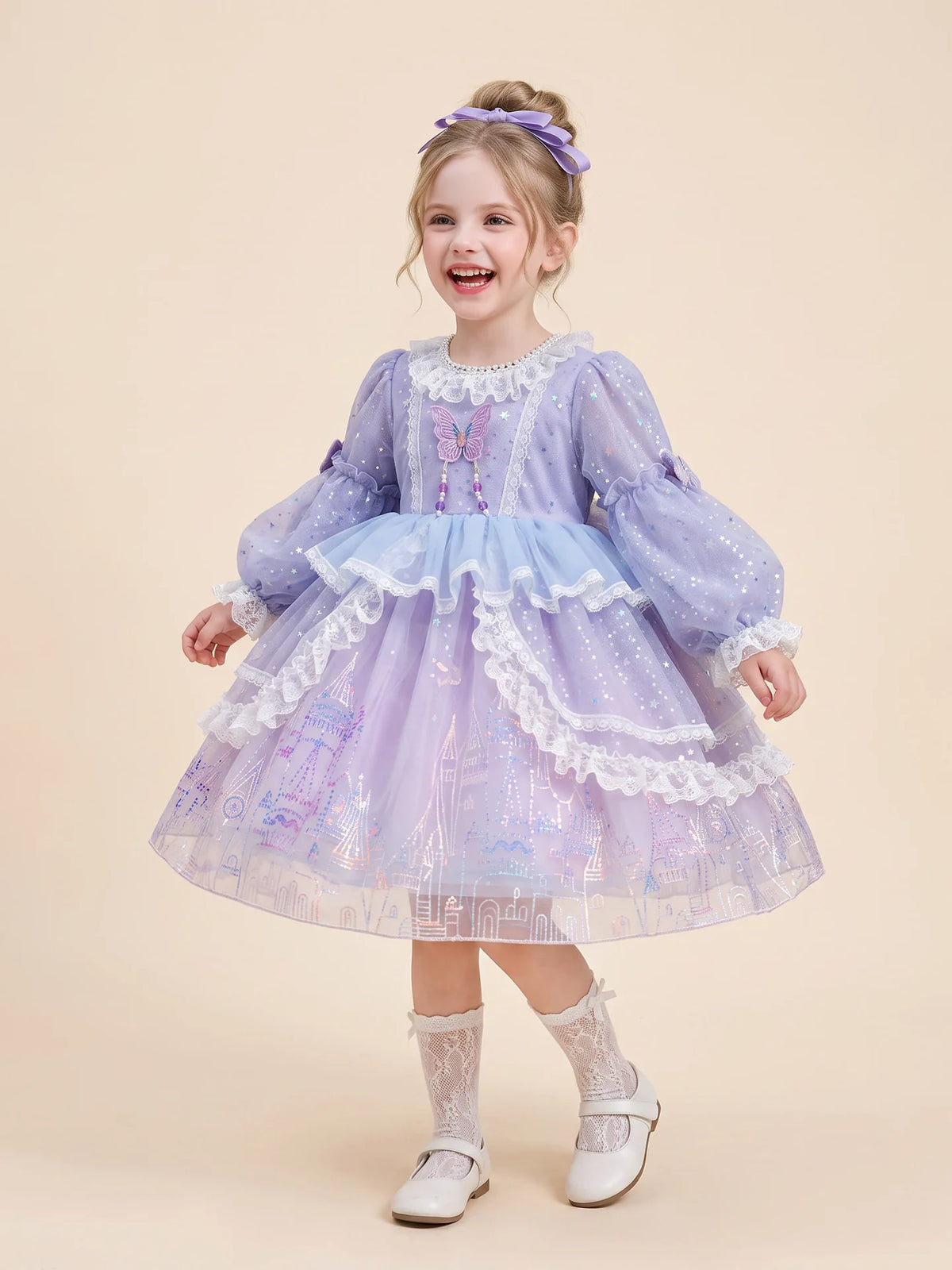 Girls Lolita Flower-Girl Dress - Tulle Princess Gown in Pink Purple