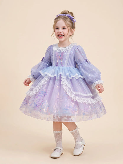 Girls Lolita Flower-Girl Dress - Tulle Princess Gown in Pink Purple